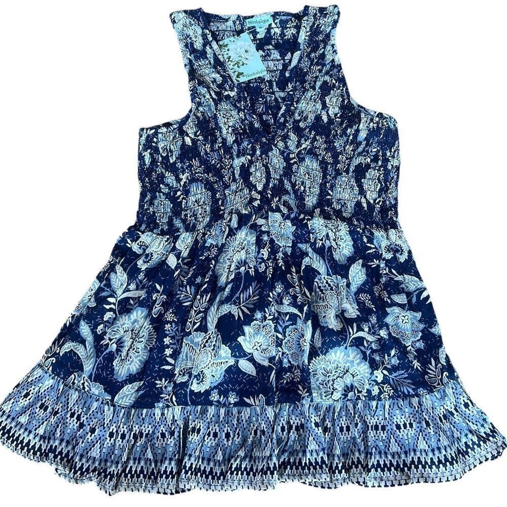 Nostalgia racerback blue floral elastic top, tank top, women's size S